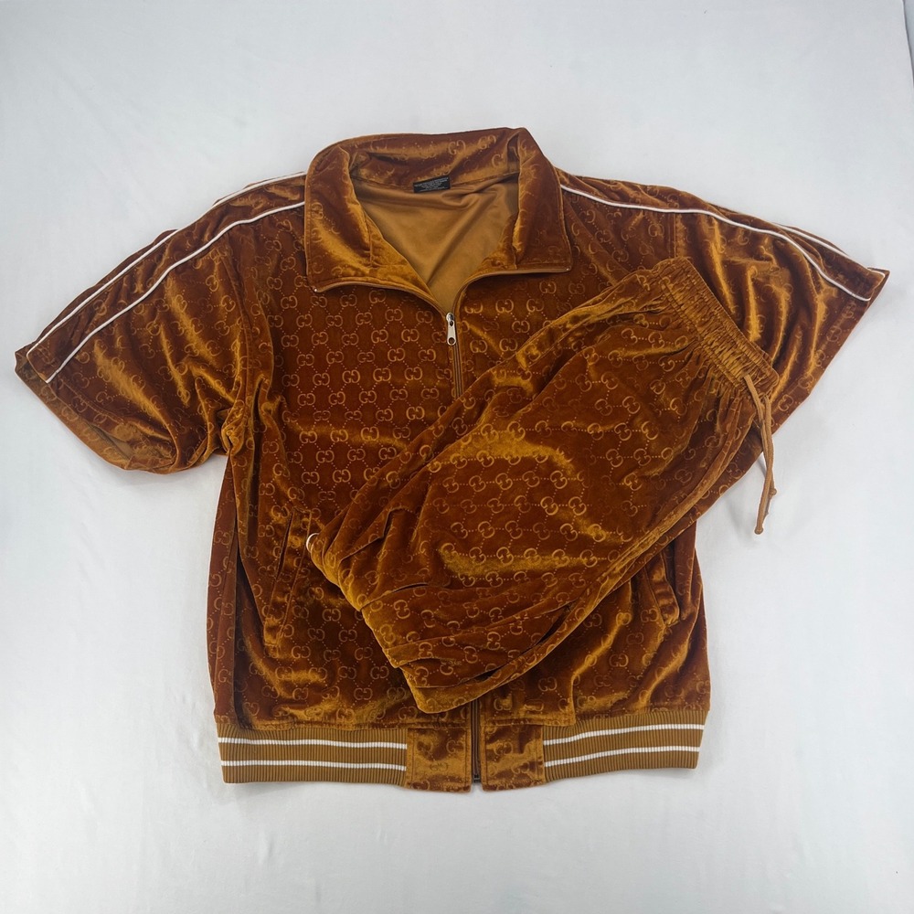 Crescendo Mens Velvet Tracksuit Set GG Print Brown XL Full Zip Jacket Pants
